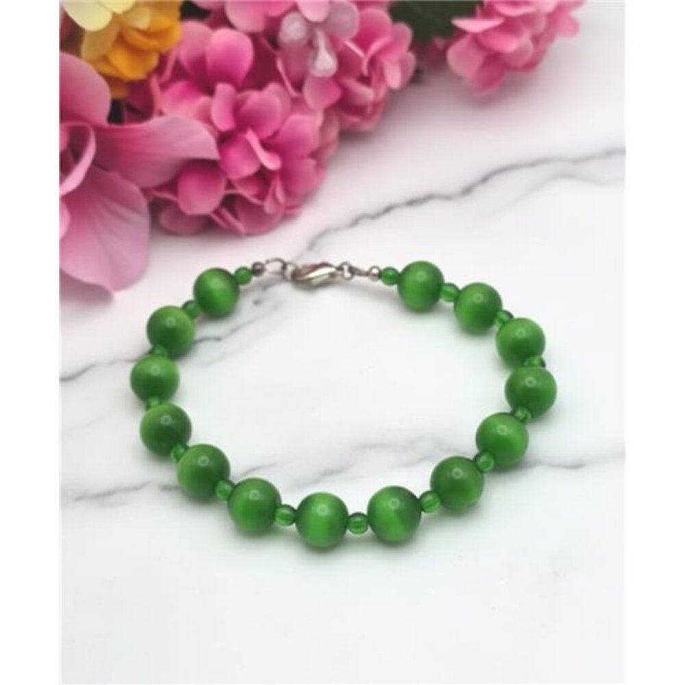 Green Cat’s Eye Glass Ball Bead Bracelet Silver Tone Lobster Clasp 7.75 In 10mm